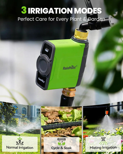 WiFi Water Timer For Garden Hose And Sprinkler System With Smart Valve shown with irrigation modes display