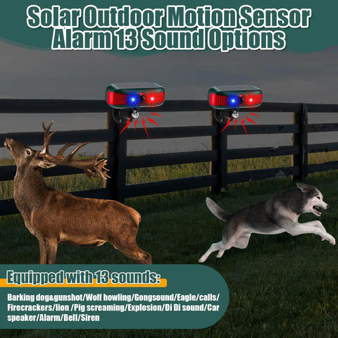 Solar Powered Outdoor Alarm Motion Sensor With 129dB Siren, Ultrasonic Detector And Strobe Light, 4 Modes For Critter Deterrent, Waterproof Security System For Home And Farm (Red) mounted on fence