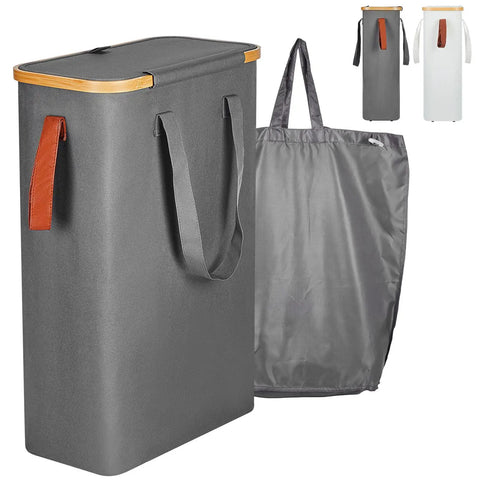 Slim Laundry Basket With Lid Collapsible Narrow Hamper With Removable Washable Bag Made Of Bamboo And Oxford Fabric 52L Gray For Bedrooms Bathrooms And RVs