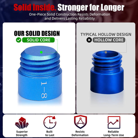 Comparison of solid core and hollow core design in blue hardware, highlighting durability and resistance to deformation.