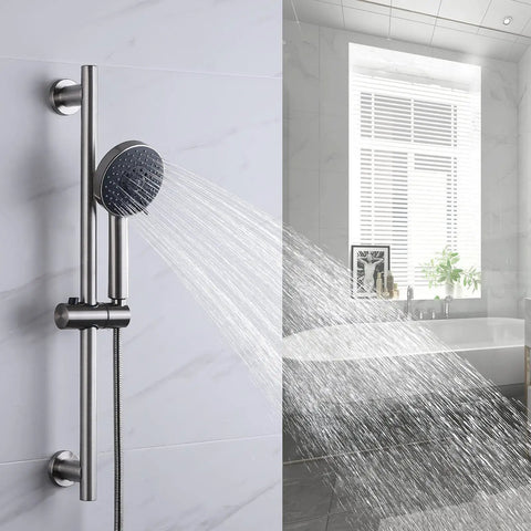 Adjustable Shower Head With Slide Bar And Extra Long Hose For Easy Rinsing 5 Function Handheld Shower Head With Wall Mount Brushed Finish