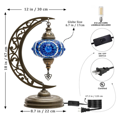 Dope Moon Shaped Mosaic Table Lamp With Turkish Glass Handmade Moroccan Boho Vintage Stained Glass Desk Lamp with US Plug and E12 Socket