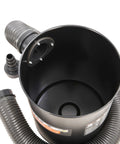 Compact Portable Dust Collector With A Killer 1.48 HP Motor Generating 108 CFM Of Insane Suction showing black canister, flexible hose, and attachments.