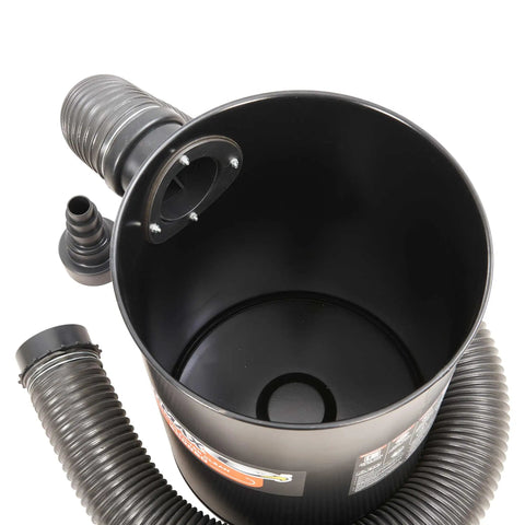 Compact Portable Dust Collector With A Killer 1.48 HP Motor Generating 108 CFM Of Insane Suction showing black canister, flexible hose, and attachments.
