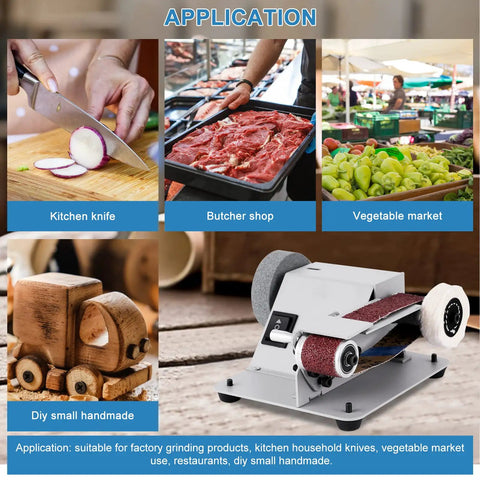 Straight Shooting Mini Electric Belt Sander With Built In Angle Gauge For Zero Sweat Knife Sharpening And Quick Wood Metal Stone Grinding Jobs Around The House in use for sharpening kitchen knives.
