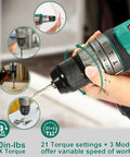 Hand using Cordless Drill Driver 20V Workhorse Kit with 330 Inch Pound Torque 1500 RPM to drill into wood surface