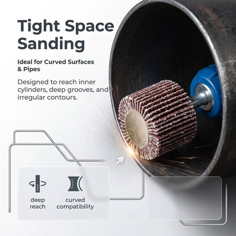 50 Pack 1 Inch Flap Wheel Sander Set, 80 Grit Aluminum Oxide Wheels for Drill in action inside metal pipe