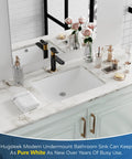 Top Shelf White Fireclay Undermount Bathroom Sink Rectangle 18X13 Inch installed in elegant bathroom setup.