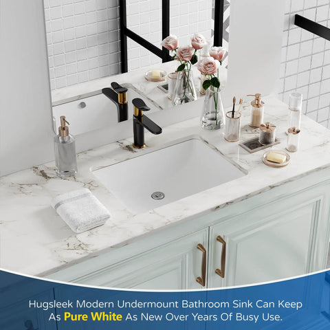 Top Shelf White Fireclay Undermount Bathroom Sink Rectangle 18X13 Inch installed in elegant bathroom setup.