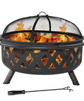 Crossweave Outdoor Wood Burning Fire Pit For Patio Or Yard 36 Inch Round Black Fire Pit with flames, spark screen, and poker visible