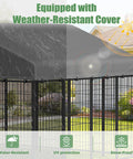 Heavy Duty Outdoor Dog Kennel With Roof For Yard 8x8 Ft Chain Link Fence Dog Run Enclosure Includes Feeding Bowl And Self Locking Latch For Safe, Spacious Outdoor Play And Exercise Built To Last with weather-resistant cover showing water, UV, and snow protection features.