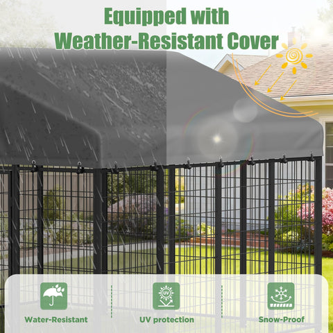 Heavy Duty Outdoor Dog Kennel With Roof For Yard 8x8 Ft Chain Link Fence Dog Run Enclosure Includes Feeding Bowl And Self Locking Latch For Safe, Spacious Outdoor Play And Exercise Built To Last with weather-resistant cover showing water, UV, and snow protection features.