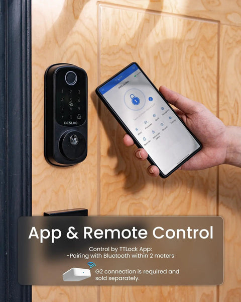 Smart Door Lock B200 With Keyless Entry, Fingerprint Scanner, Touchscreen Keypad, And App Control For Front Door shown with app