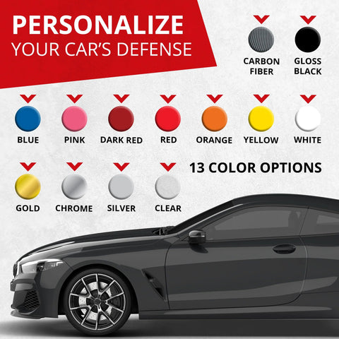 All-Fit automotive door edge protector; side view of a gray car with 13 color option swatches