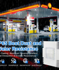 Super Bright 150W LED Canopy Light For Gas Stations And Carports, IP65 Waterproof, shown in rainy gas station setting