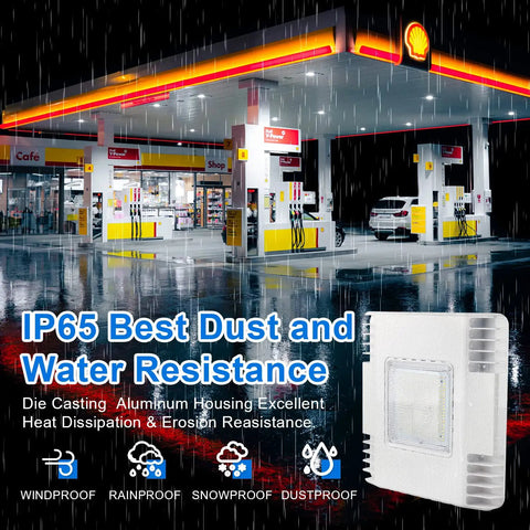 Super Bright 150W LED Canopy Light For Gas Stations And Carports, IP65 Waterproof, shown in rainy gas station setting