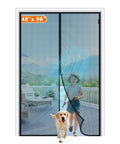 Child and dog walking through Magnetic Screen Door For 48 By 96 Inch Openings Fits 50 By 97 Inch Mesh Curtain With Reinforced Magnetic Closure