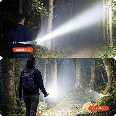 Person using Flat USB C Rechargeable LED Flashlight With 6 Modes Ultra Bright Handheld Light in spotlight and floodlight modes