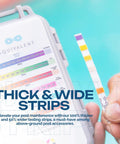 Close-up of All In One Pool And Spa Water Test Kit With AI Powered App showing thick test strip and color chart.