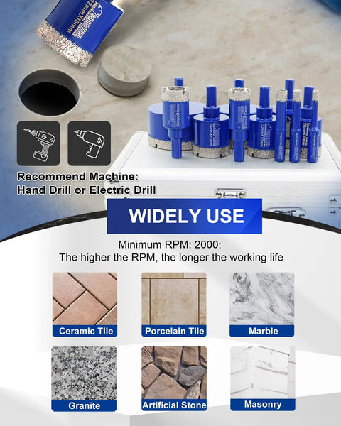 Diamond Drill Core Bits Set With Triangle Shank For Porcelain Tile Marble Ceramic Granite 11 Piece Hole Saw Drill Bit Kit