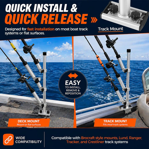 Three Rod Adjustable Trolling Rod Holder Tree For Boats With 360 Degree Rotation And 180 Degree Tilt, Marine Grade Aluminum, Height Adjustable Gunnel Track Mount Fishing Rod Holder System on deck mount