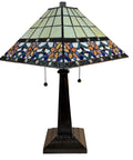 Retro Vibe Table Lamp With Stained Glass Shade In Blue White Tan Brown Classic Banker Mission Design Handcrafted Nightstand Light