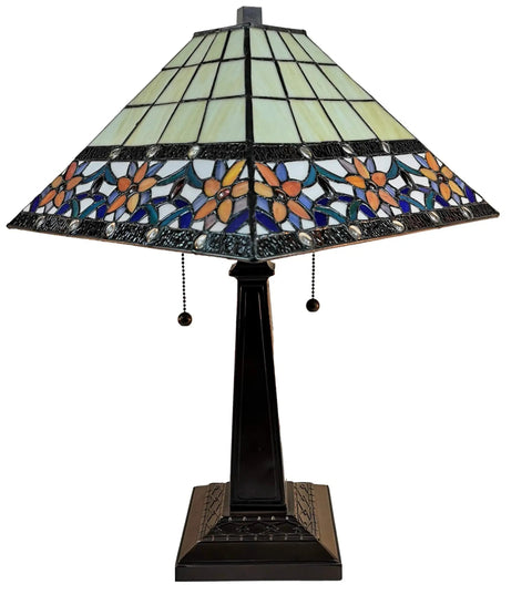 Retro Vibe Table Lamp With Stained Glass Shade In Blue White Tan Brown Classic Banker Mission Design Handcrafted Nightstand Light