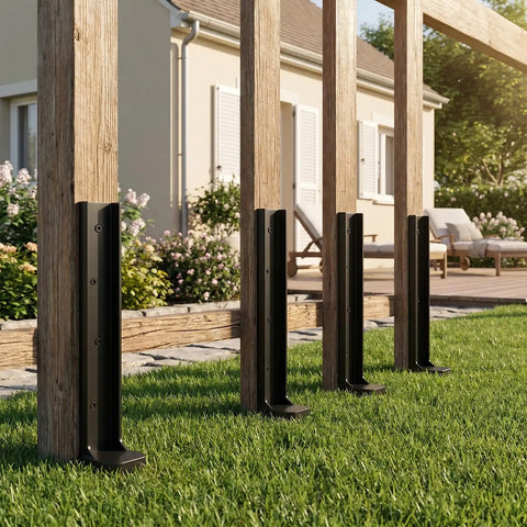 Heavy Duty Fence Post Repair Kit Featuring Rock Solid Steel Anchors and Beefy L Shaped Stakes for mailboxes and fences in a garden setting.