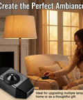 Two Pack Upgraded Inline Dimmer Switch For Lamp Cord Black Super Simple Hookup And Total Vibe Power Control Plus No Fuss Wiring For Modern Indoor Table Lamp Fixtures shown with a woman adjusting the light.