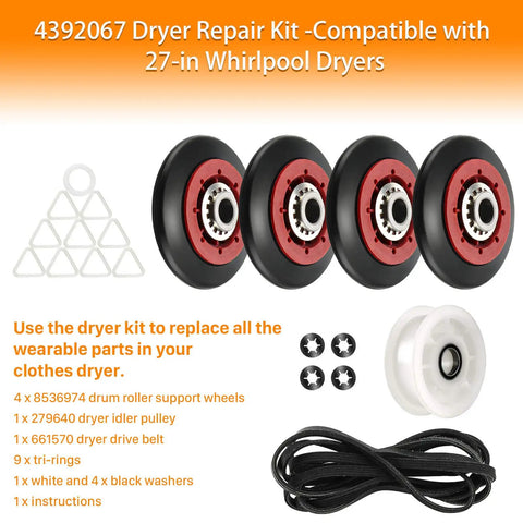 All In One Dryer Repair Kit 4392067 with red drum rollers, belt, idler pulley for Whirlpool Cabrio Duet Maytag Kenmore dryers.