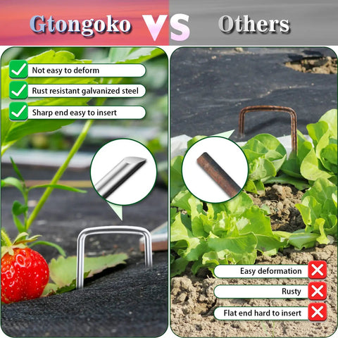 Comparison of heavy duty 6 inch landscape staples and rusty alternatives in garden setting