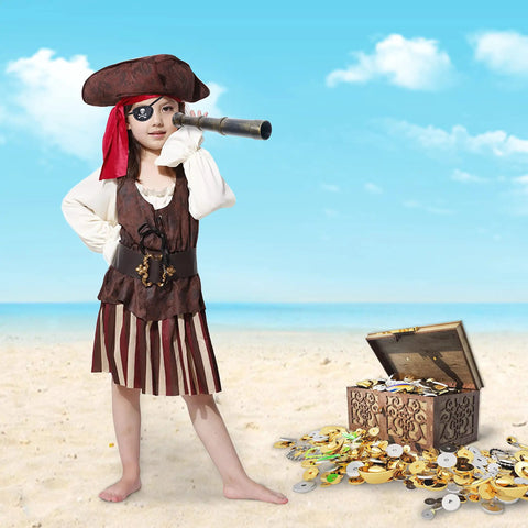 Pirate Themed Telescope And Compass Prop Set With Eye Patch For Themed Parties Stage Plays And Cosplay Vintage Treasure Sundial Accessory For Ship Captain Decor Durable Plastic Props For All Ages child pirate costume with telescope and treasure chest