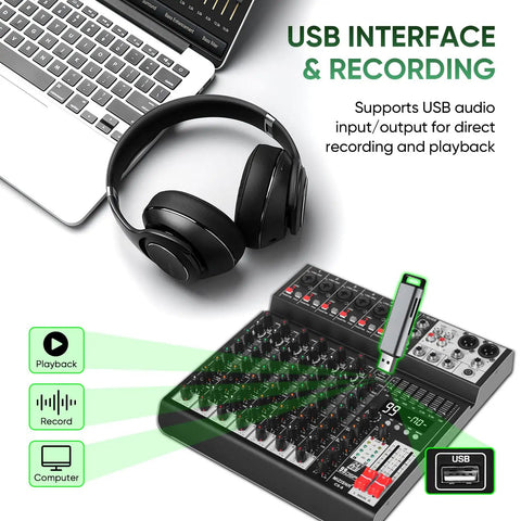 Eight Channel Audio Mixer Console for Pro Sound with 99 DSP Effects shown with headphones and USB for recording and playback