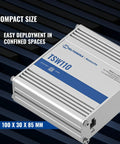 TSW100 Industrial PoE Plus Unmanaged Ethernet Switch showing compact design, labeled TSW110, suitable for confined spaces.
