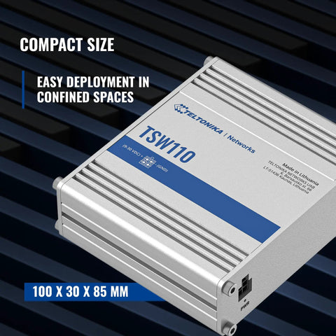 TSW100 Industrial PoE Plus Unmanaged Ethernet Switch showing compact design, labeled TSW110, suitable for confined spaces.