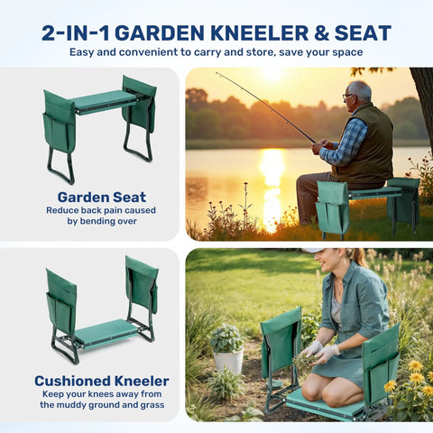 Foldable Garden Kneeler And Seat With Soft EVA Foam Pad Heavy Duty Steel Frame Portable Kneeling Bench For Gardening Camping And Fishing Includes Two Tool Pouches Green