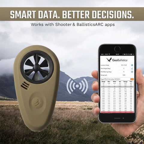 Handheld Wind Meter With Bluetooth App Connectivity For Precision Shooting And Air Flow Measurement displayed with smartphone app