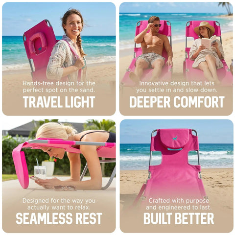 Four scenes showcasing Chaise Lounge Portable Reclining Lounger For Outdoor Patio Beach Lawn Camping And Pool 72 By 22 Inch Pink