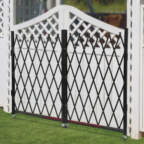 Heavy Duty Folding Security Gate Lock It Down And Keep Your Spot Safe With This 63 Inch Tall By 118 Inch Wide Black Metal Wall Mount Gate Featuring Diamond Grille And Padlock Loop For Garage Shop, shown in use.
