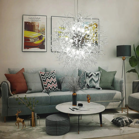 12 Lights Modern Firework Crystal Chandelier With Lit Dandelion Design Chrome Finish Stainless Steel Pendant Light in living room