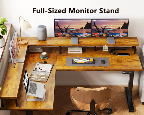 Dope Electric L Shaped Standing Desk With 59 Inch Wide Top, Height Adjustable From 28.3 To 47.2 Inches, 3 Outlets And USB Type C, Full Monitor Stand, Reversible Corner Desk In Rustic Brown For Home Office And Computer Workstation shown with dual monitors and chair
