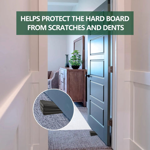 Adjustable Furniture Levelers With Flexible Plastic Wedge Shims That Straight Up Stabilize Wobbly Tables Chairs Bed Frames And Pipes In A Rock Solid Wobble Free 20 Pack Bundle, seen protecting hard floors from door impacts.