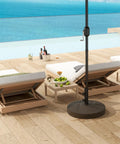 Poolside scene with two loungers and a Heavy Duty Patio Umbrella Base Holder Built To Last For Outdoor Use Fillable Up To 66lbs