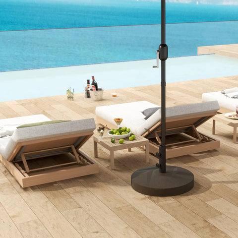 Poolside scene with two loungers and a Heavy Duty Patio Umbrella Base Holder Built To Last For Outdoor Use Fillable Up To 66lbs