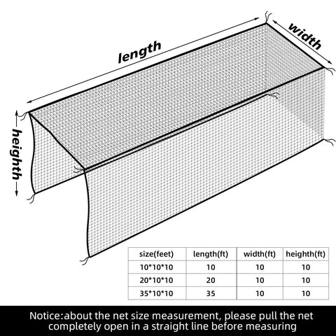 Diagram of Heavy Duty 10x10x35ft Batting Cage Net for Backyard Baseball and Softball, dimensions labeled.
