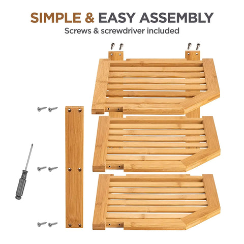 Total Kitchen Game Changer, Super Handy Bamboo Corner Shelf, 3 Tier Plate Rack with assembly tools and screws.