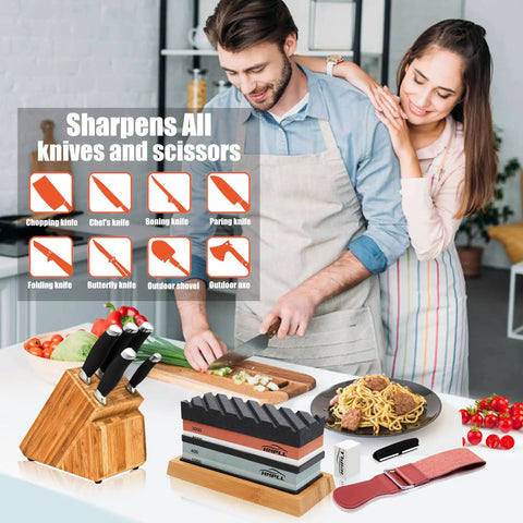 Couple in kitchen using Pro Whetstone Knife Sharpening Stone Set with non-slip base and leather strop, showing multiple grit levels