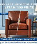 Top Shelf Furniture Restore Paste And Leather Conditioner Plus Wood Polish Cleaner With Brush For Deep Hydration Scratch Repair And Dope Finish That Keeps Your Stuff Looking Fresh on leather chair before and after application.