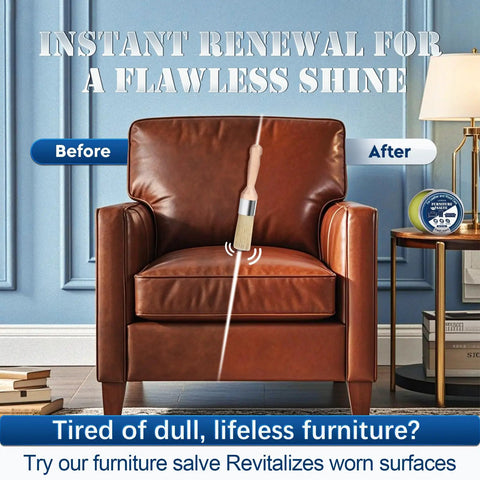 Top Shelf Furniture Restore Paste And Leather Conditioner Plus Wood Polish Cleaner With Brush For Deep Hydration Scratch Repair And Dope Finish That Keeps Your Stuff Looking Fresh on leather chair before and after application.