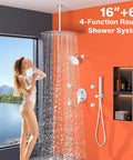 Enga Dual Head Shower System with 4 Body Jets, 16" + 6" Round Shower Head with 2 in 1 Handheld Combo in use, modern bathroom.